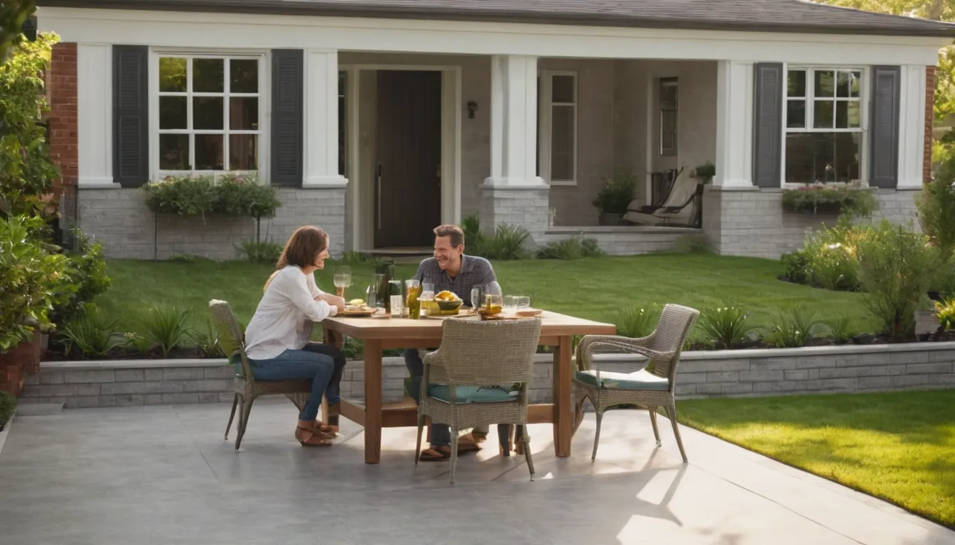 Homeowners relaxing on a newly poured concrete patio behind a brick home in Lawrenceville